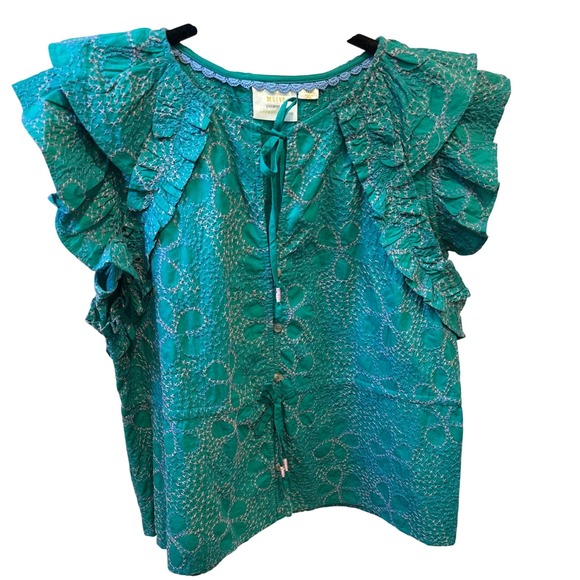 Maeve Anthropologie Emerald Green Embroidered Ruffle Sleeve Peplum Top L - Picture 5 of 7